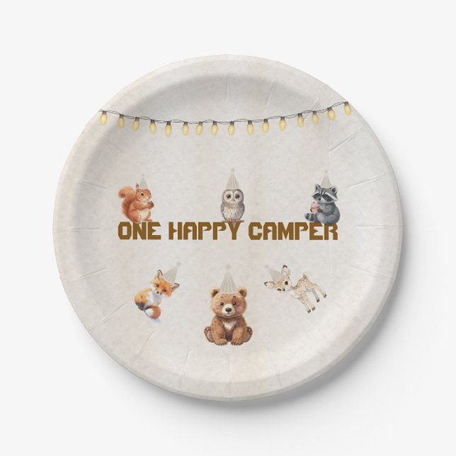 Platos de papel para cumpleaños de One Happy Campe (Anverso)