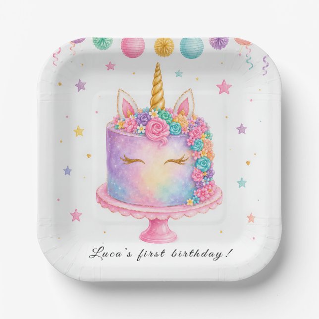 Platos de papel para cumpleaños de unicornio (Anverso)