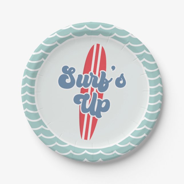 Platos de papel para cumpleaños en la playa Surfs  (Anverso)