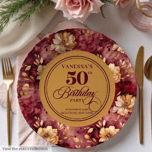 Platos de papel para cumpleaños número 50 con rosa