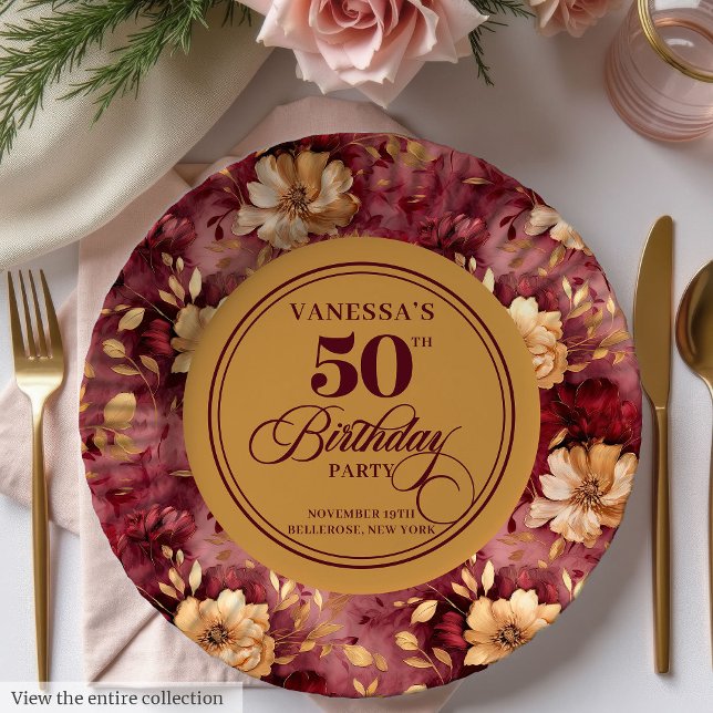 Platos de papel para cumpleaños número 50 con rosa (Maroon blush gold roses 50th birthday paper plates

)
