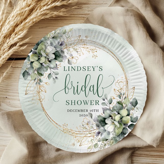 Platos de papel para despedida de soltera botánico (Dusty Green Botanical Bridal Shower Paper Plates)