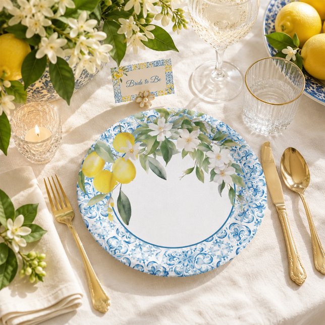 Platos de papel para despedida de soltera con limó (Mediterranean Lemon Bridal Shower Paper Plates)