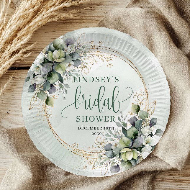 Platos de papel para despedida de soltera de eucal (Dusty Green Eucalyptus Bridal Shower Paper Plates)