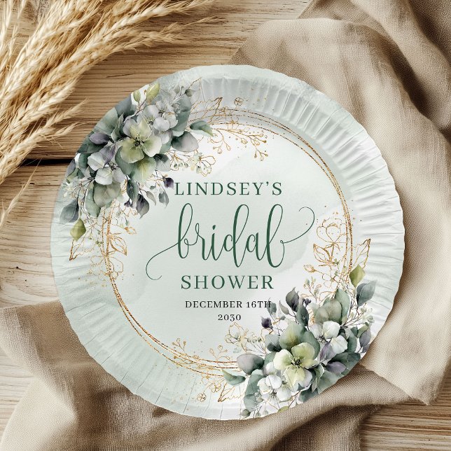 Platos de papel para despedida de soltera de eucal (Dusty Green Eucalyptus Bridal Shower Paper Plates)