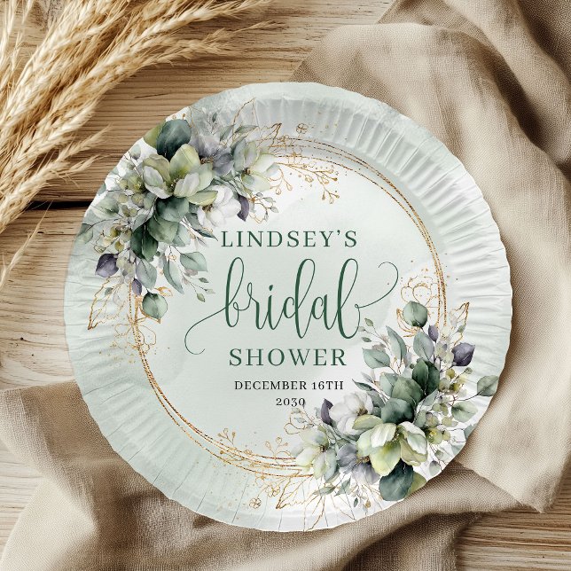 Platos de papel para ducha de novia botánicos blan (Green White Botanical Bridal Shower Paper Plates)