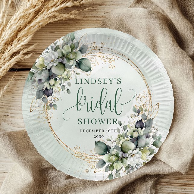 Platos de papel para ducha de novia con follaje ve (Green Gold Foliage Bridal Shower Paper Plates)