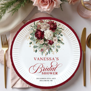 Platos de Papel para Ducha de Novia Floral Burgund