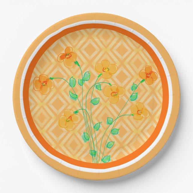 Platos de papel para fiesta con flores naranjas (Anverso)