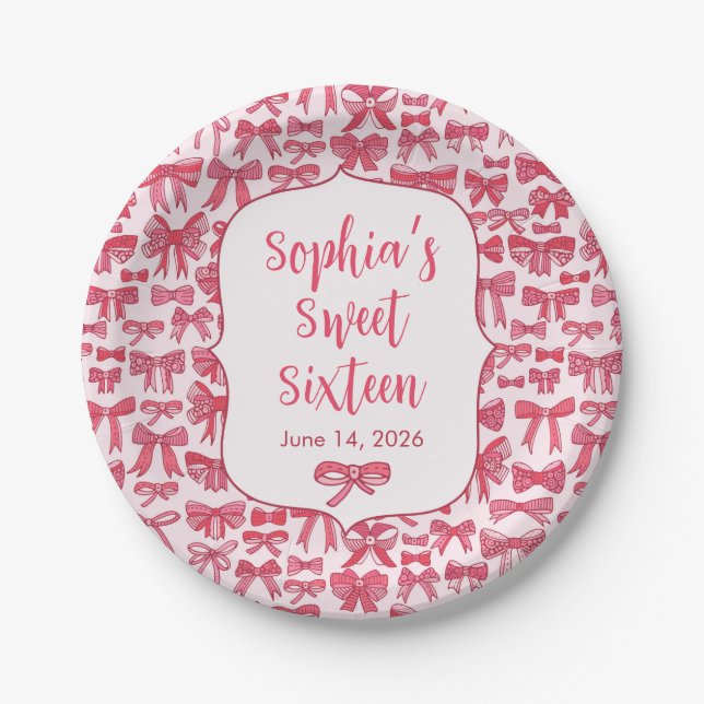 Platos de papel para fiesta con lazo rosa Coquette (Anverso)