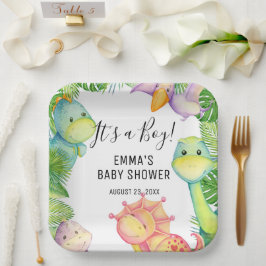 Platos de papel para fiesta de baby shower de dino