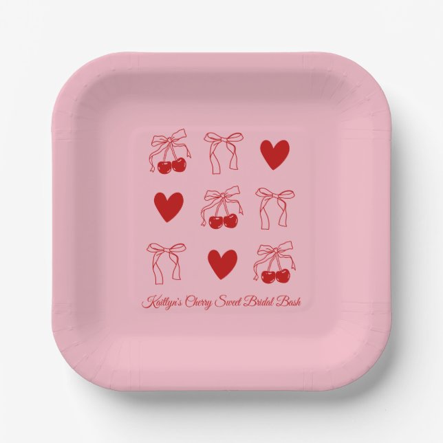 Platos de papel para fiesta de boda con lazo rojo  (Anverso)