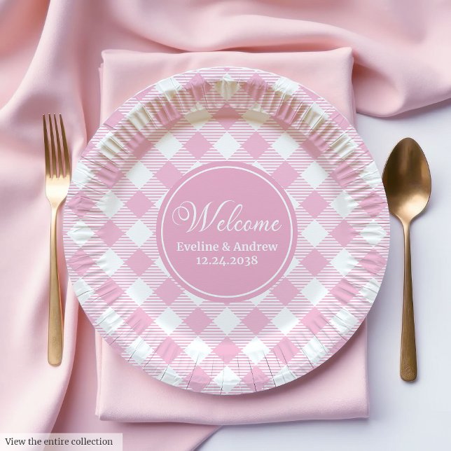 Platos de Papel para Fiesta de Boda Cuadros Rosa A (Wedding Party Paper Plates Pink Plaid Chic Accent)