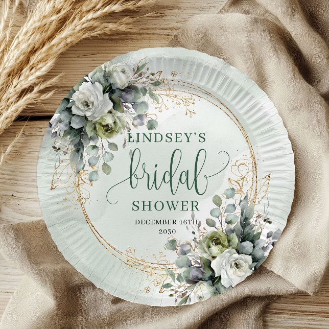 Platos de papel para fiesta de compromiso Botanica (Botanical Green Gold Bridal Shower Paper Plates)