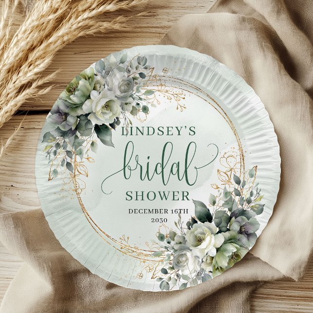 Platos de papel para fiesta de compromiso botánico (Sage Green Botanical Bridal Shower Paper Plates)
