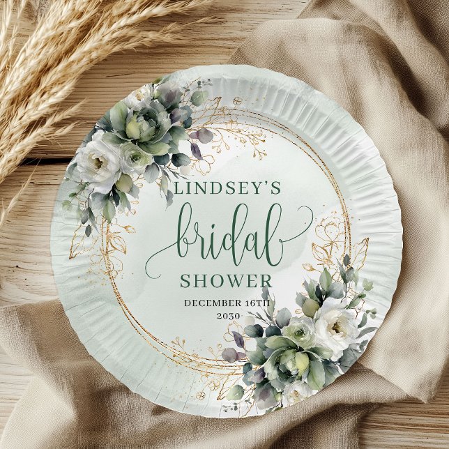 Platos de papel para fiesta de compromiso con foll (Sage Green Foliage Bridal Shower Paper Plates)