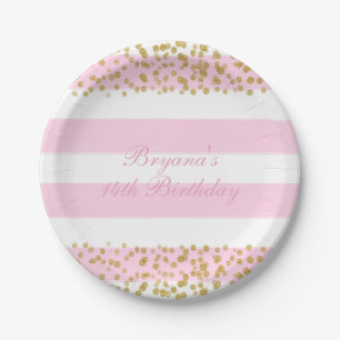 Platos de papel para fiesta de confeti falso rosa