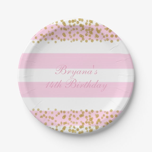 Platos de papel para fiesta de confeti falso rosa  (Anverso)