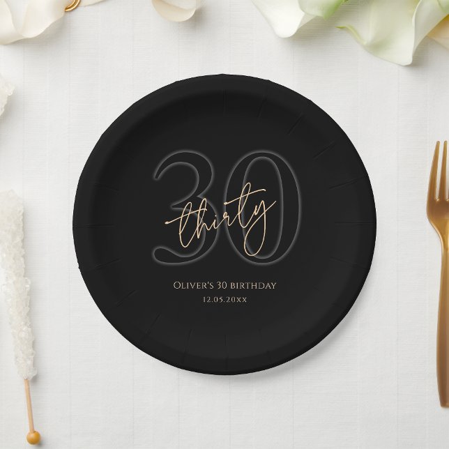 Platos de Papel para Fiesta de Cumpleaños 30 Moder (Modern Black Gold 30th Birthday Party Paper Plates)