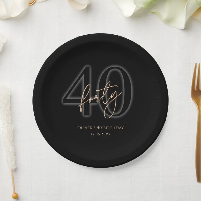 Platos de Papel para Fiesta de Cumpleaños 40 Moder (Modern Black Gold 40th Birthday Party Paper Plates)