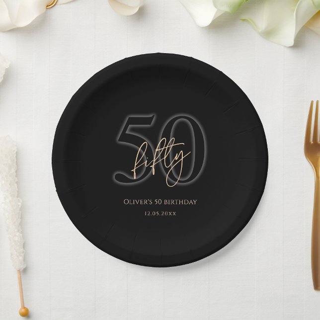 Platos de Papel para Fiesta de Cumpleaños 50 Moder (Modern Black Gold 50th Birthday Party Paper Plates)