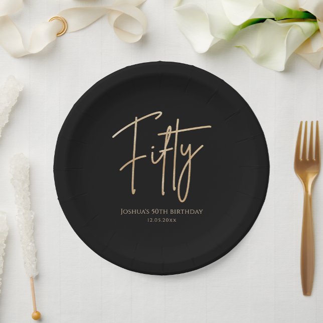 Platos de Papel para Fiesta de Cumpleaños 50 Negro (Black & Gold 50th Birthday Party Paper Plates)