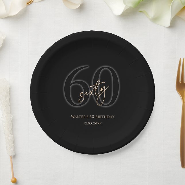 Platos de Papel para Fiesta de Cumpleaños 60 Moder (Modern Black Gold 60th Birthday Party Paper Plates)