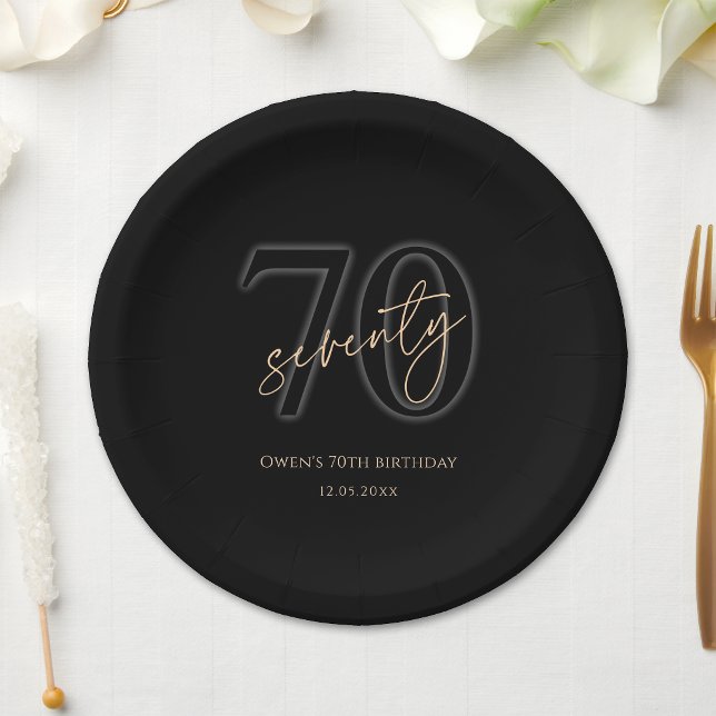 Platos de Papel para Fiesta de Cumpleaños 70 Moder (Modern Black Gold 70th Birthday Party Paper Plates)