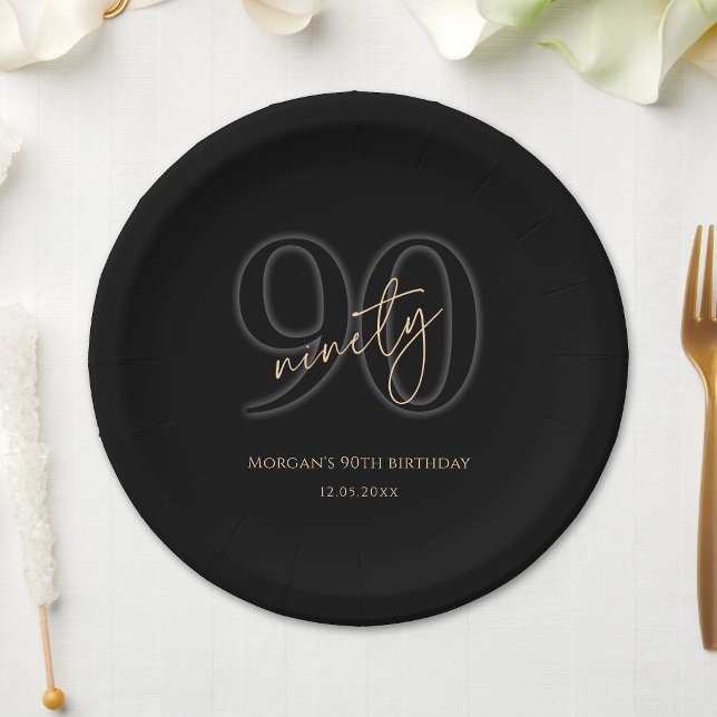 Platos de Papel para Fiesta de Cumpleaños 90 de Or (Modern Black Gold 90th Birthday Party Paper Plates)