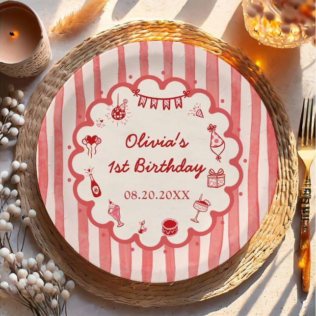 Platos de papel para fiesta de cumpleaños con raya (Subido por el creador)