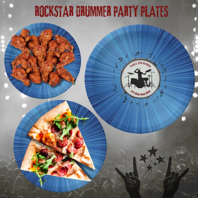 Platos de papel para fiesta de cumpleaños de bater (Rock Out with Blue Color Burst Drummer Birthday Party Paper Plates)