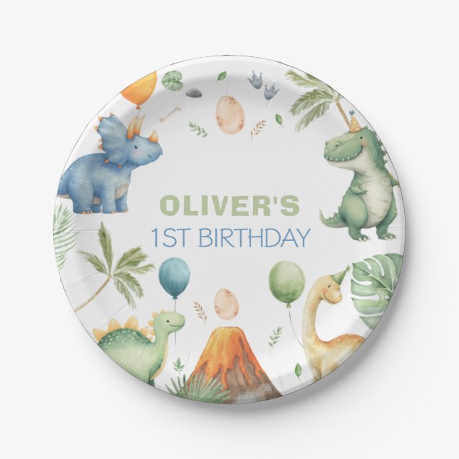 Platos de papel para fiesta de cumpleaños de dinos (Anverso)