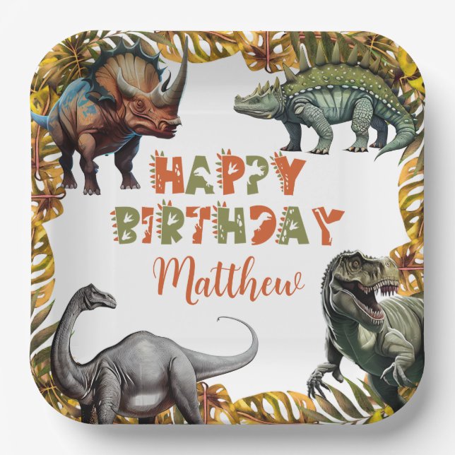 Platos de papel para fiesta de cumpleaños de dinos (Anverso)