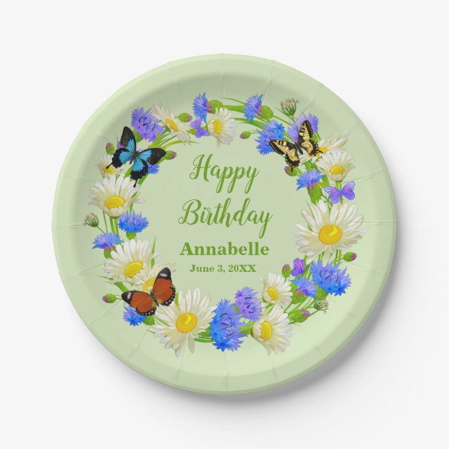 Platos de papel para fiesta de cumpleaños Flores d (Anverso)