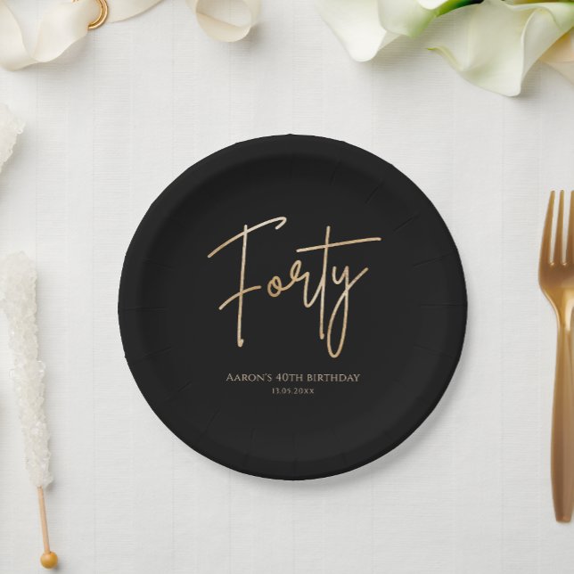 Platos de papel para fiesta de cumpleaños número 4 (Black & Gold 40th Birthday Party Paper Plates)