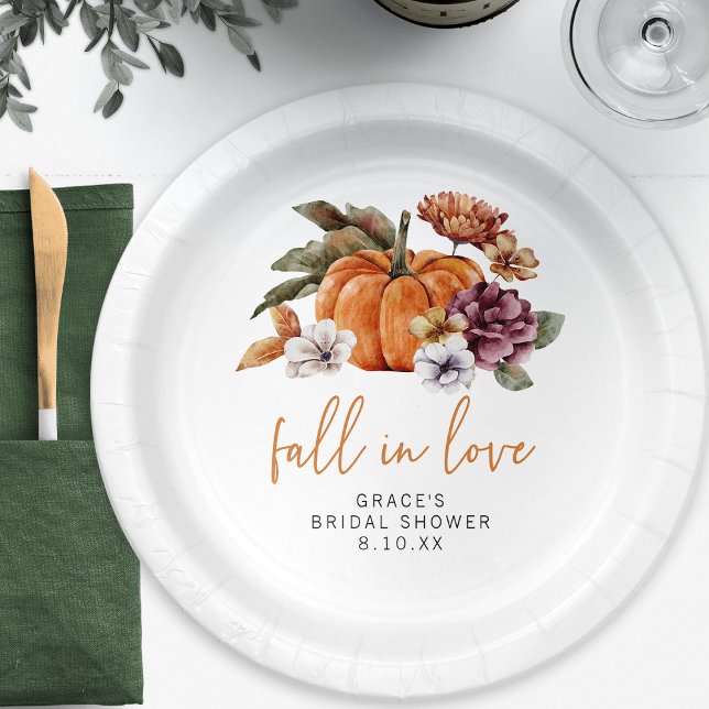 Platos de Papel para Fiesta de Despedida de Solter (Fall In Love Watercolor Burnt Orange Bridal Shower Paper Plates by Painted Paperie)