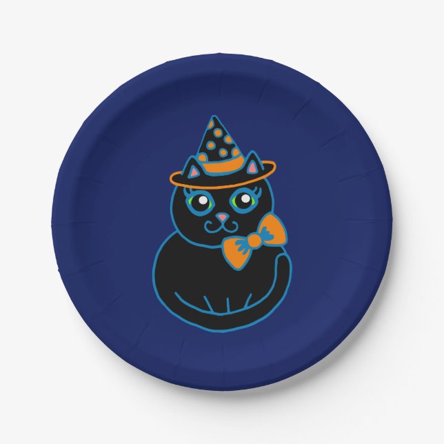 Platos de papel para fiesta de Halloween de gato n (Anverso)