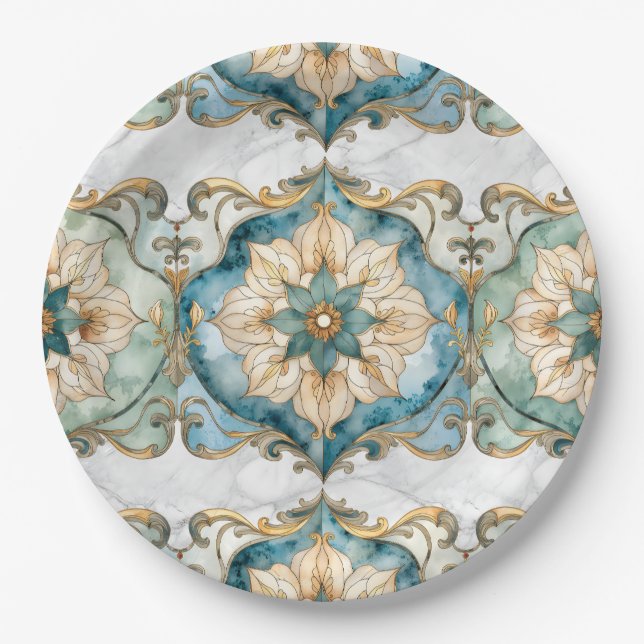 Platos de papel para fiesta Tapiz Flor Cerúlea (Anverso)