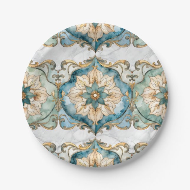 Platos de papel para fiesta Tapiz Flor Cerúlea (Anverso)