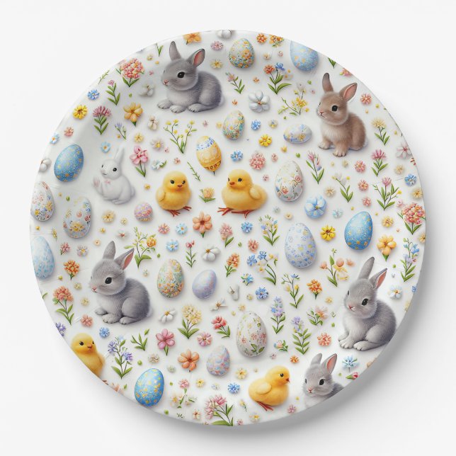 Platos de Papel para Fiestas – Conejos, Huevos, Po (Anverso)