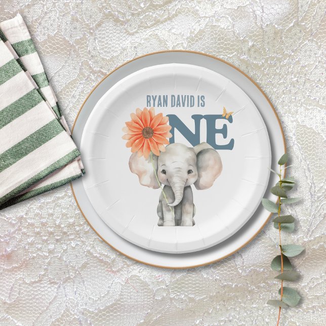 Platos de papel para primer cumpleaños de elefante (Elephant First Birthday Paper Plates | Safari)