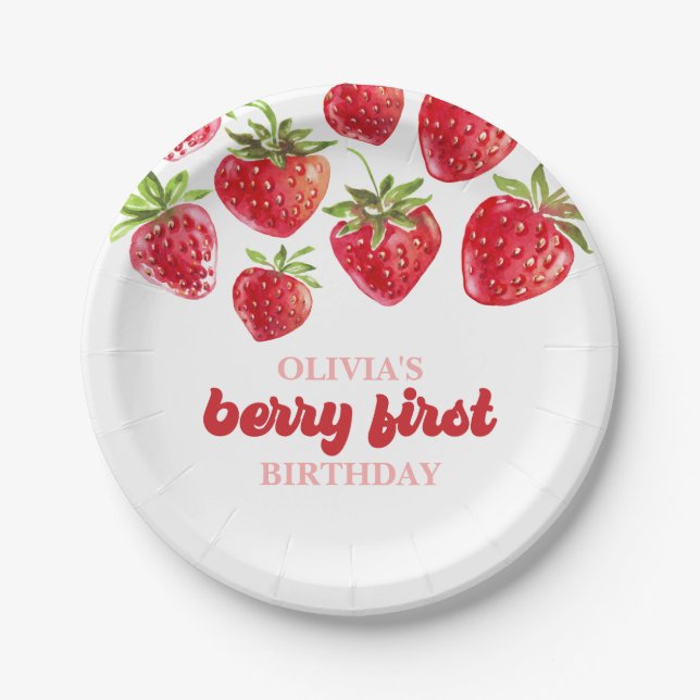 Platos de papel para primer cumpleaños de fresa y  (Anverso)