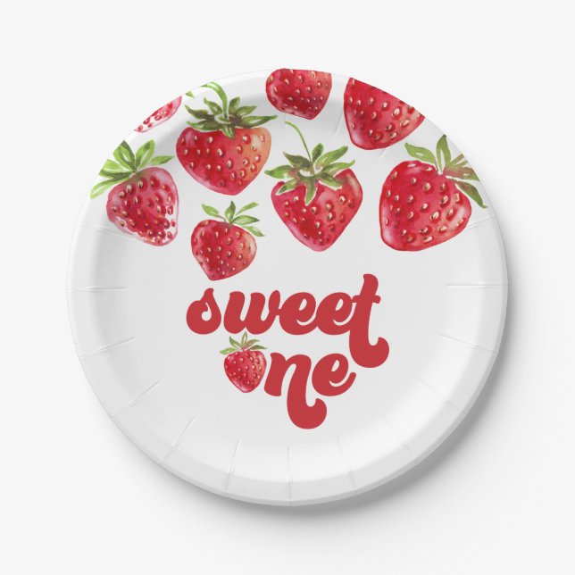 Platos de papel para primer cumpleaños de fresa y  (Anverso)