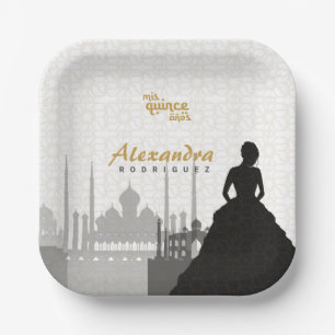 Platos de papel para Quinceañera árabe de negro y