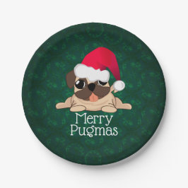 Platos de papel Perro Pug de Navidad 7"