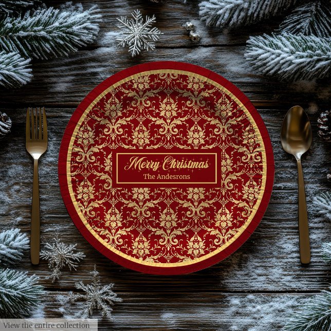 Platos de Papel Personalizados de Navidad Rojo y D (Red and Gold Paper Plates Personalized Holiday Gift)