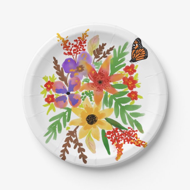 Platos de papel personalizados Flores acuarela 02  (Anverso)