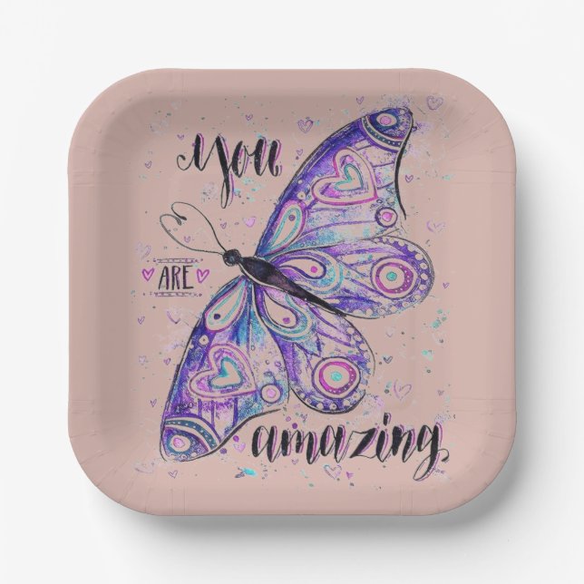 Platos de papel personalizados llanos mariposa ros (Anverso)