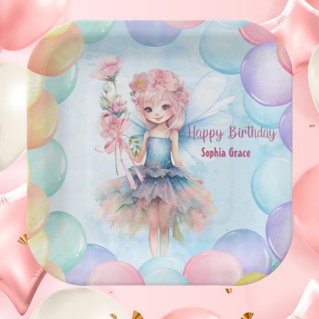 Platos de papel personalizados para cumpleaños de  (Personalized Blue Fairy Birthday Paper Plates – Custom Name Party Decor with Balloons

)