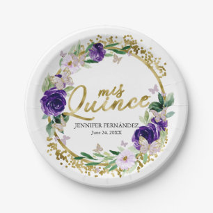Platos de Papel Quinceañera Mariposa Floral Morado